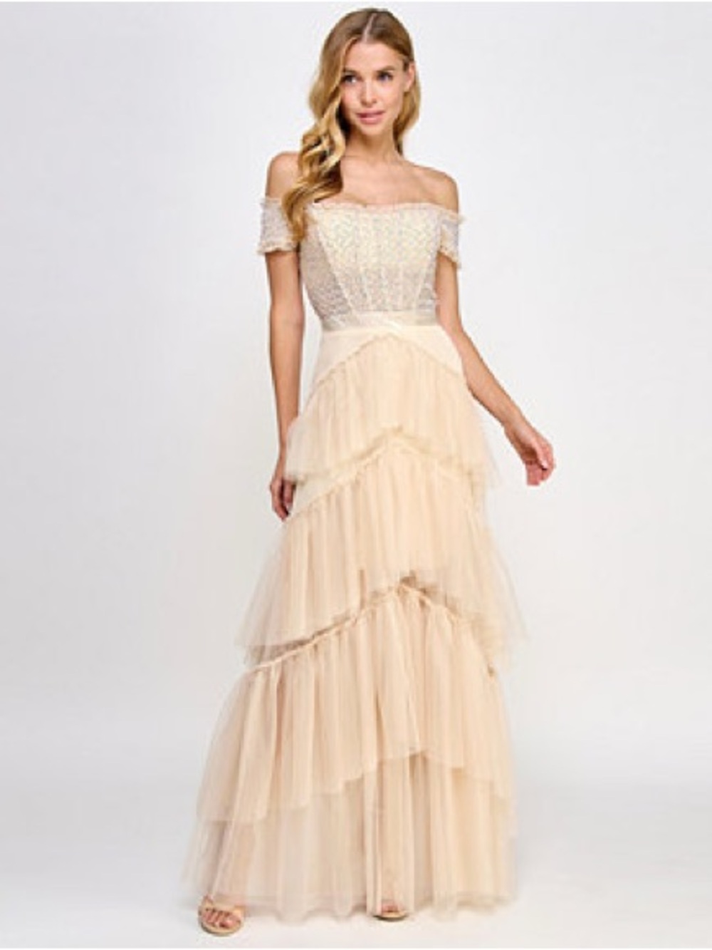 City Studio Off-Shoulder Tiered Tulle Gown in Blush Cream